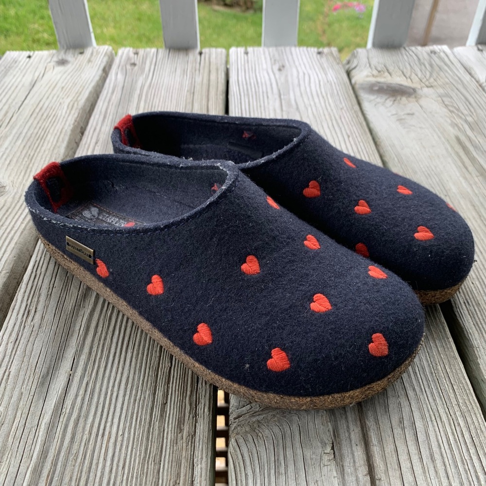 Haflinger Clogs Grizzly Cuoricini Slipper Mule Wool Hearts Navy EU 40 US Women 9